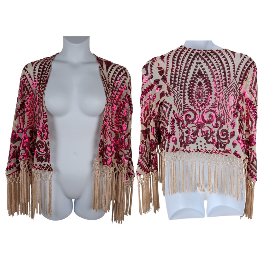 East N West Label Pink Sequin Fringe Kimono Jacket Festival Rave Boho Size XS/SM
